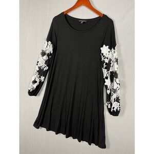 Black Floral Crochet Lace Sleeve Swing Dress Womens L Swing Top Boho Romantic